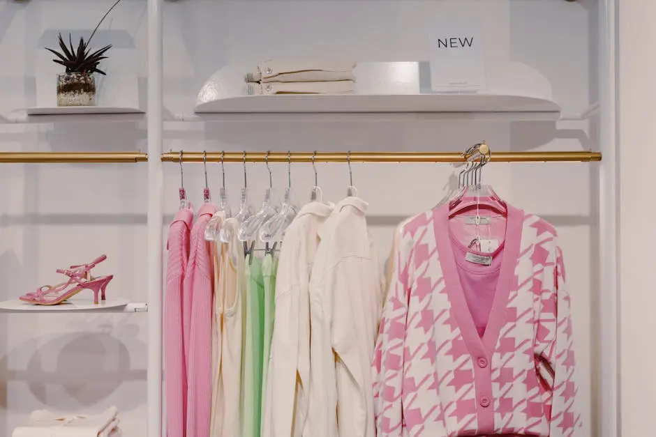 Stylish women’s clothing on rack featuring pink cardigan and green dress inside a boutique.