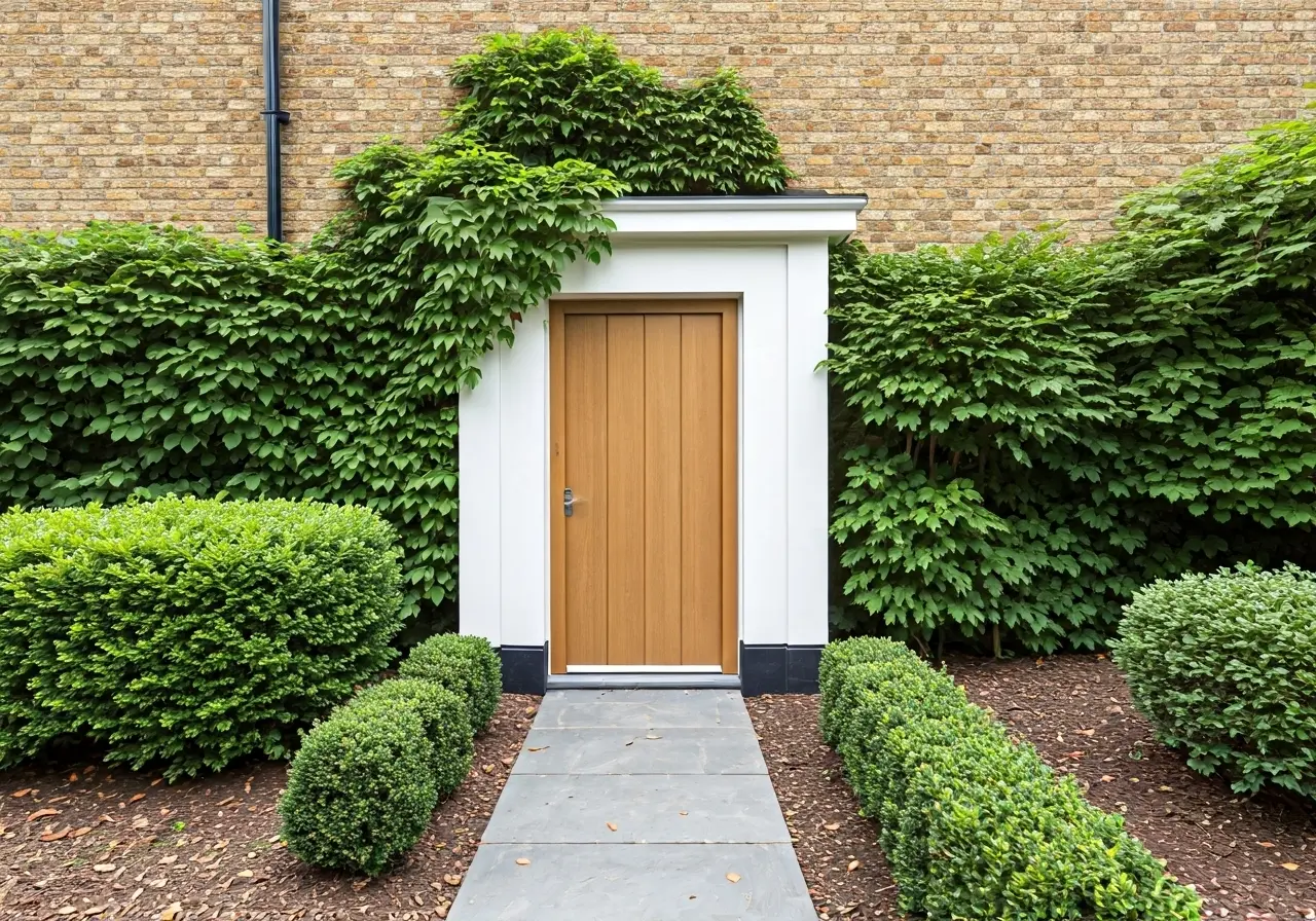 A modern egress door set in a stylish garden wall. 35mm stock photo