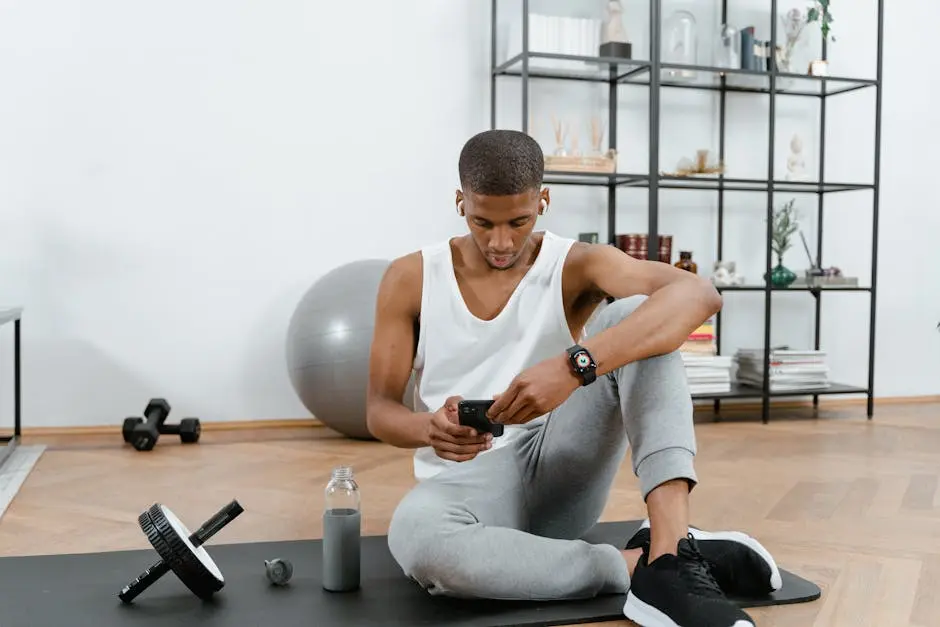 A man in sportswear using a smartphone on a yoga mat at home. Fitness and technology concept.