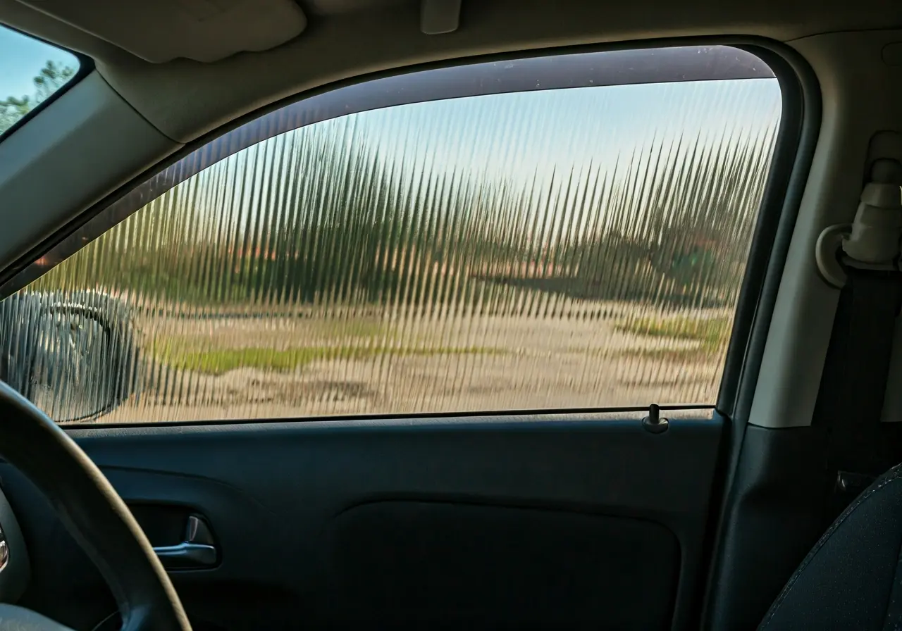 Car interior showing window tint with sunlight streaming in. 35mm stock photo