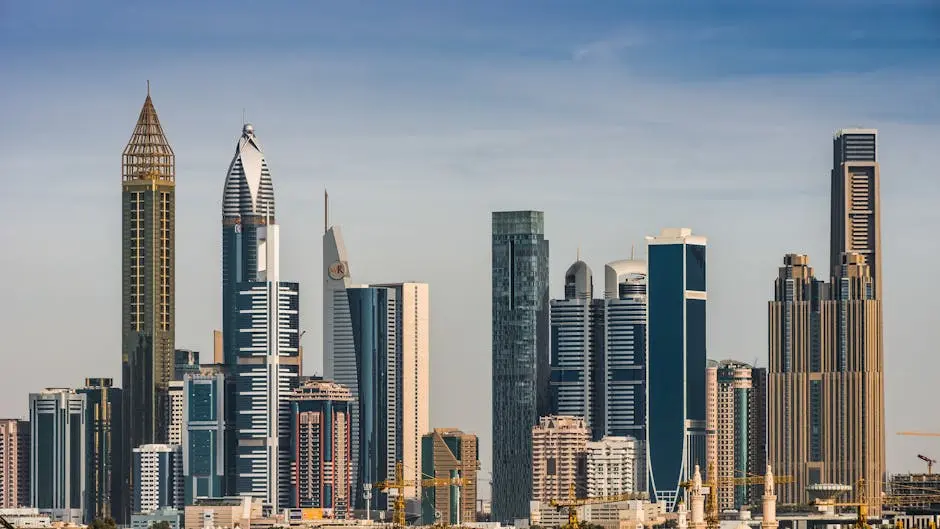 A stunning view of Dubai’s modern skyline, showcasing iconic skyscrapers under a clear blue sky.