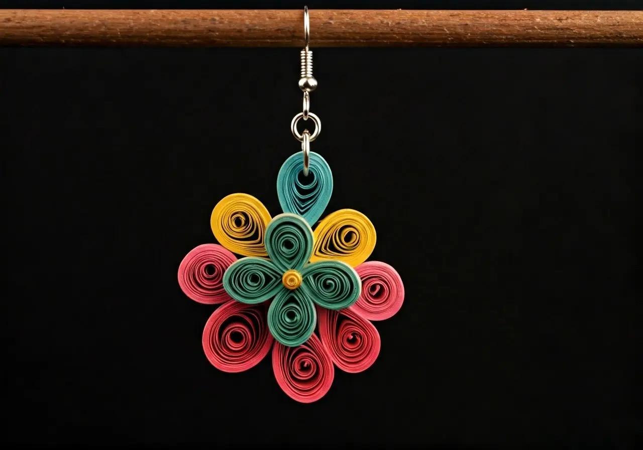 A delicate floral earring design made from colorful paper. 35mm stock photo