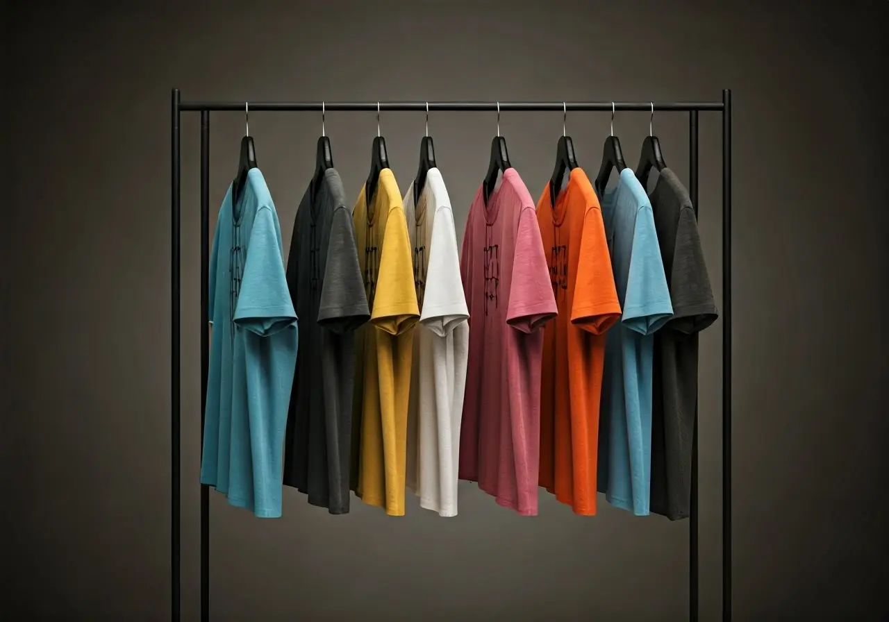 Colorful Christian graphic tees displayed on a minimalist clothing rack. 35mm stock photo