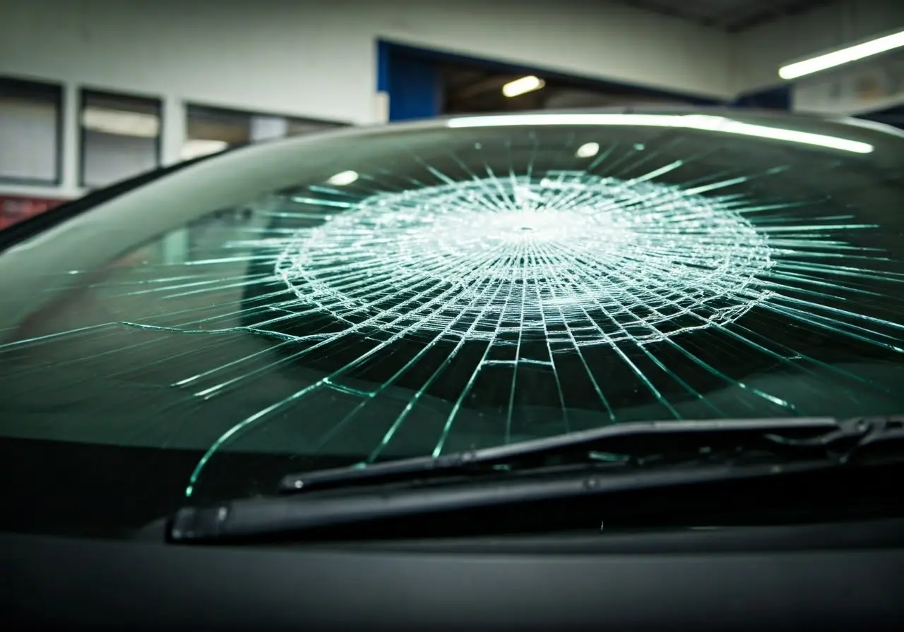 A cracked windshield with a repair shop in the background. 35mm stock photo