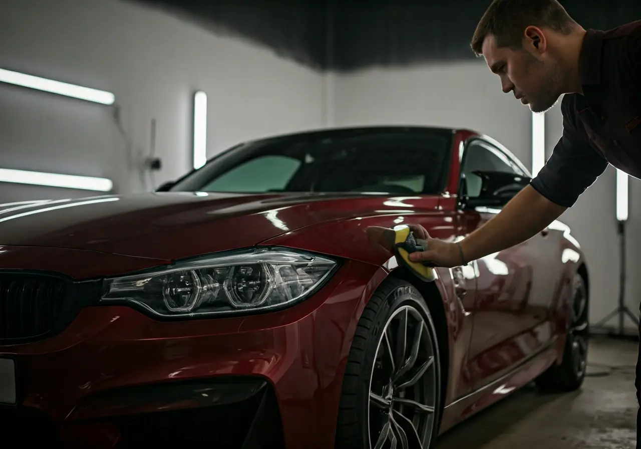 A car being polished under bright, professional lighting. 35mm stock photo