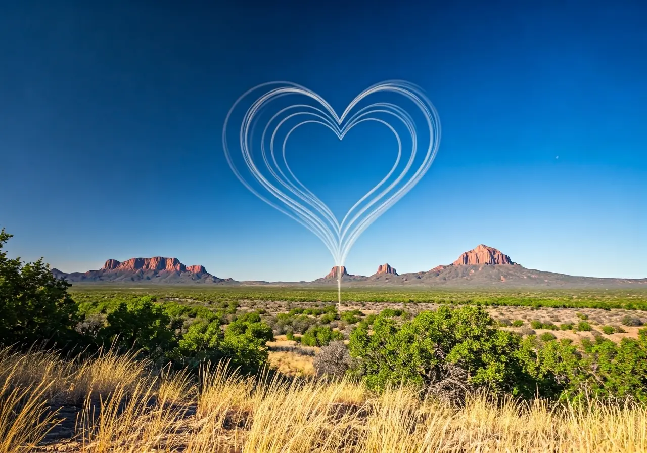 A Texan landscape with intertwined heart symbols in the sky. 35mm stock photo