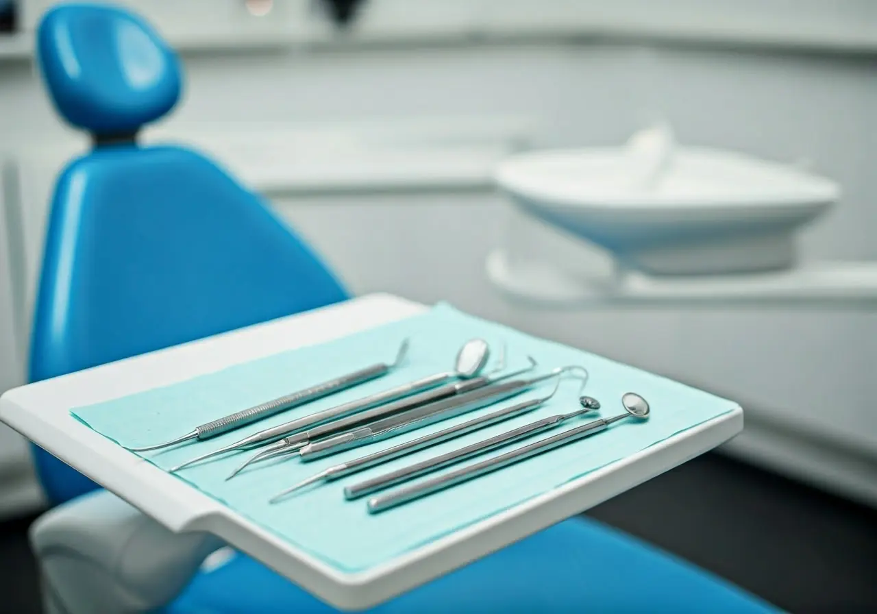 Close-up of dental tools and a bright dental chair. 35mm stock photo