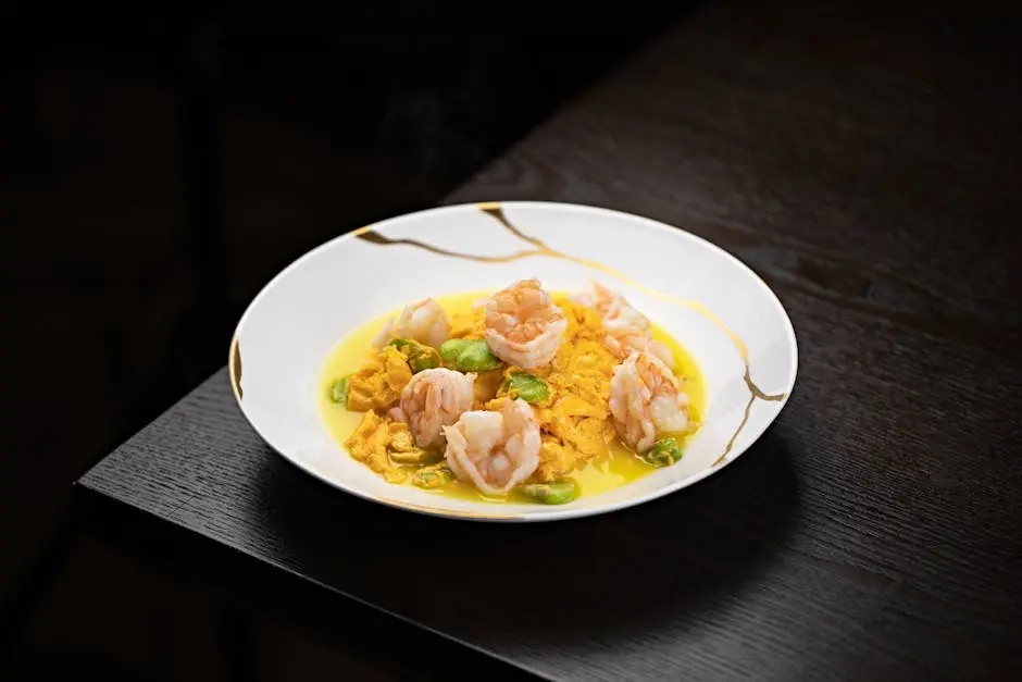 Delicious shrimp curry served on an elegant white plate with a dark wood table backdrop.