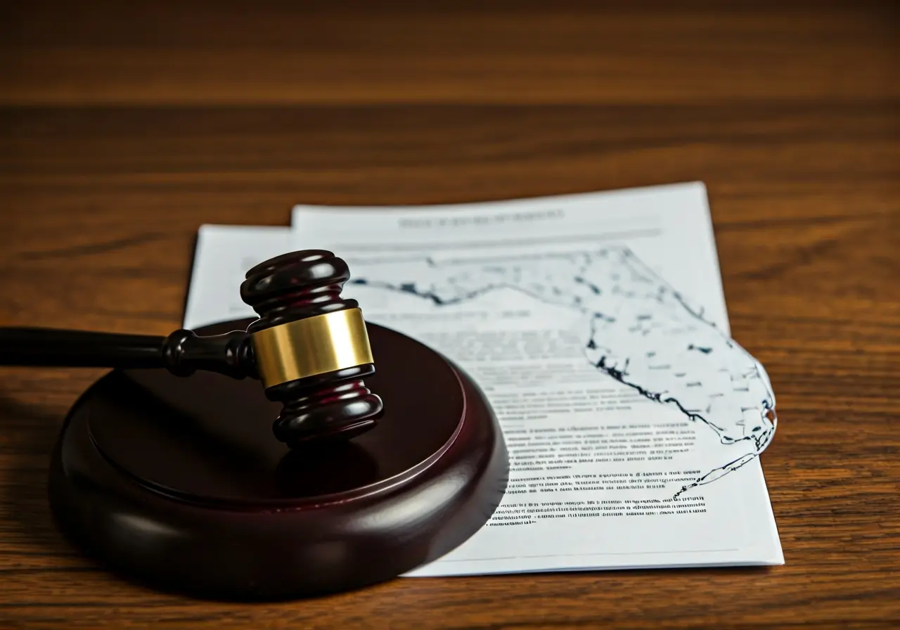 A gavel, insurance policy document, and Florida state map. 35mm stock photo