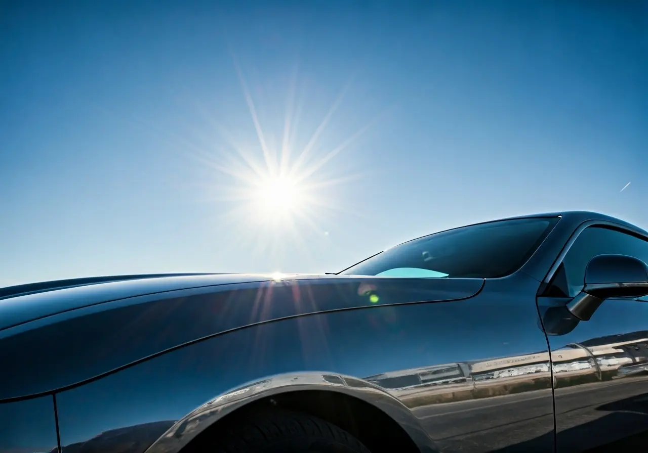 A shiny car reflecting sunlight under a clear blue sky. 35mm stock photo