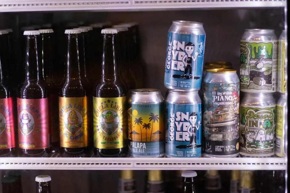 A selection of craft beer bottles and cans displayed in a refrigerator, showcasing unique branding.
