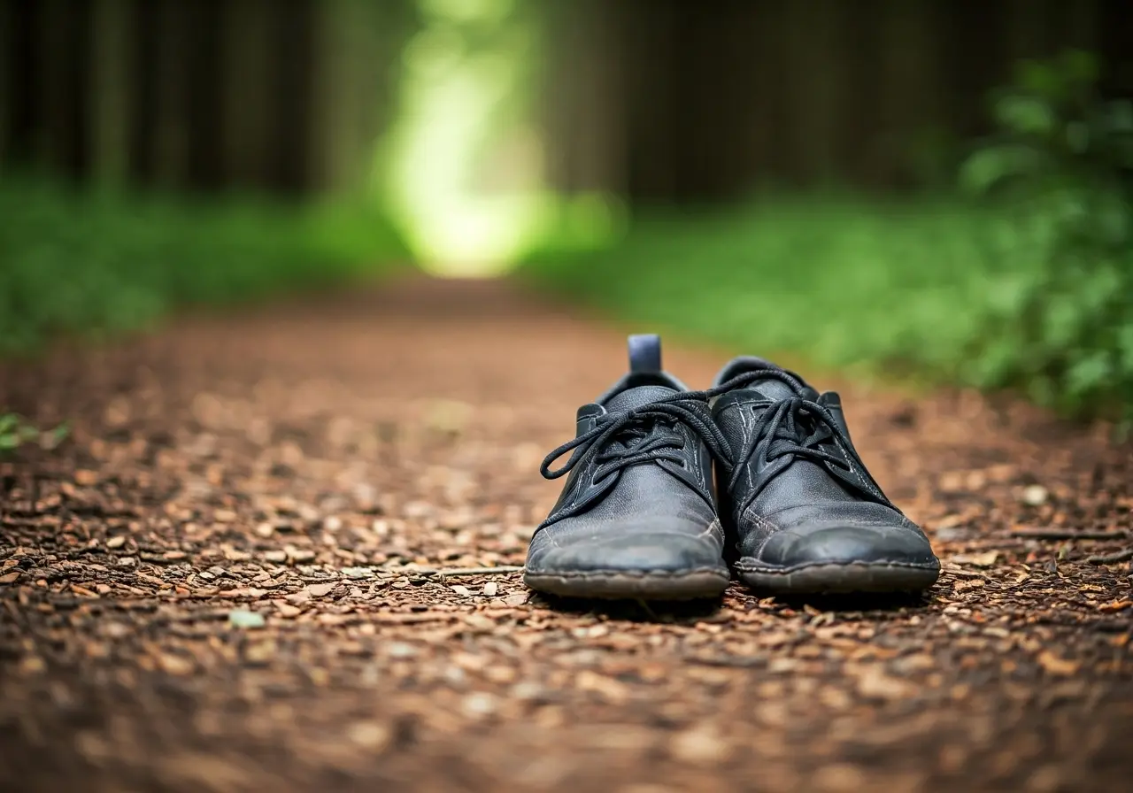 A pair of casual barefoot shoes on a natural trail. 35mm stock photo