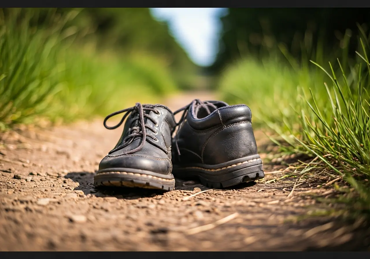 A pair of grounding shoes on a grassy outdoor trail. 35mm stock photo
