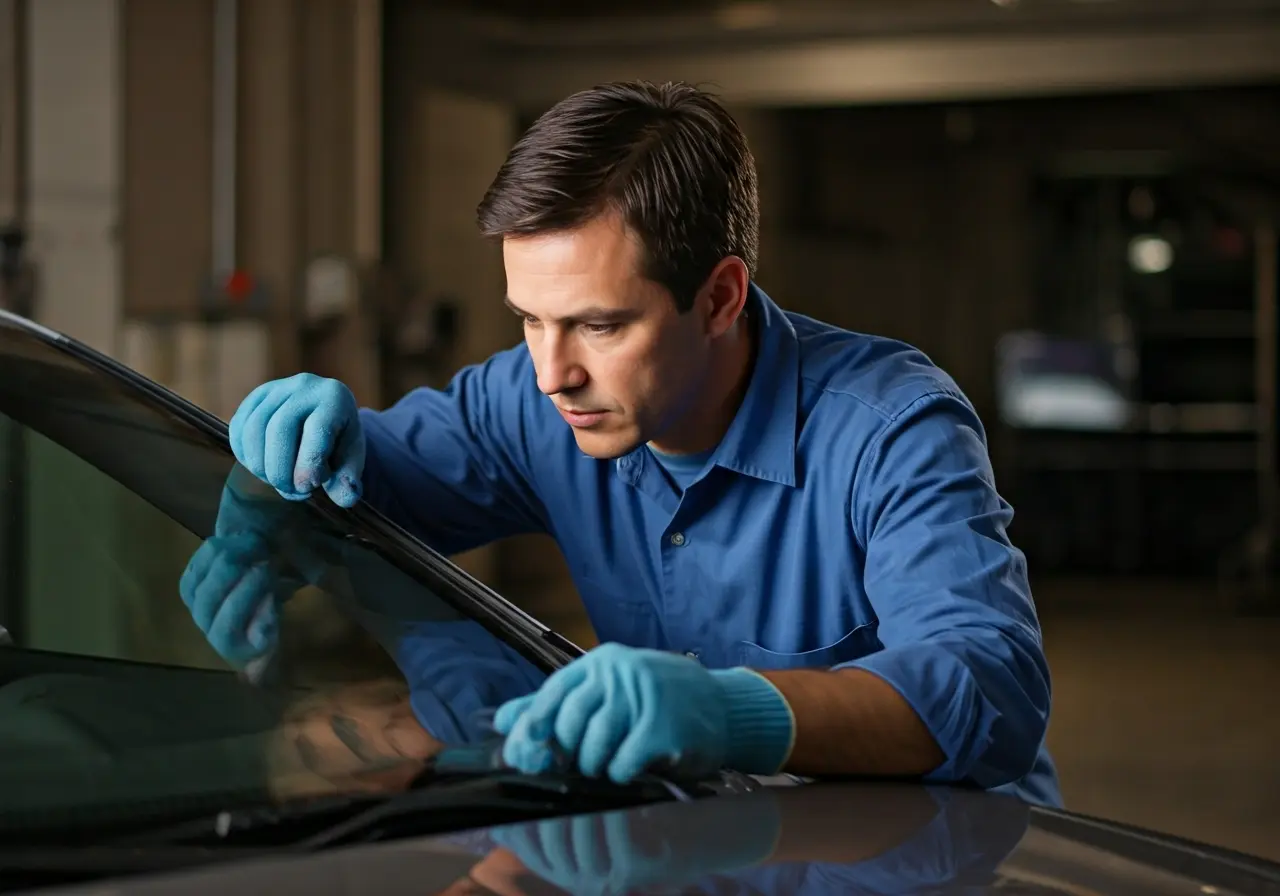 A technician carefully replacing a car windshield in Phoenix. 35mm stock photo