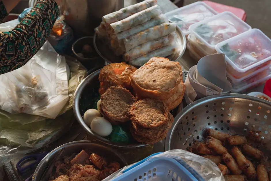 A vibrant assortment of Vietnamese street food at a market in Bình Thuận, showcasing traditional snacks.