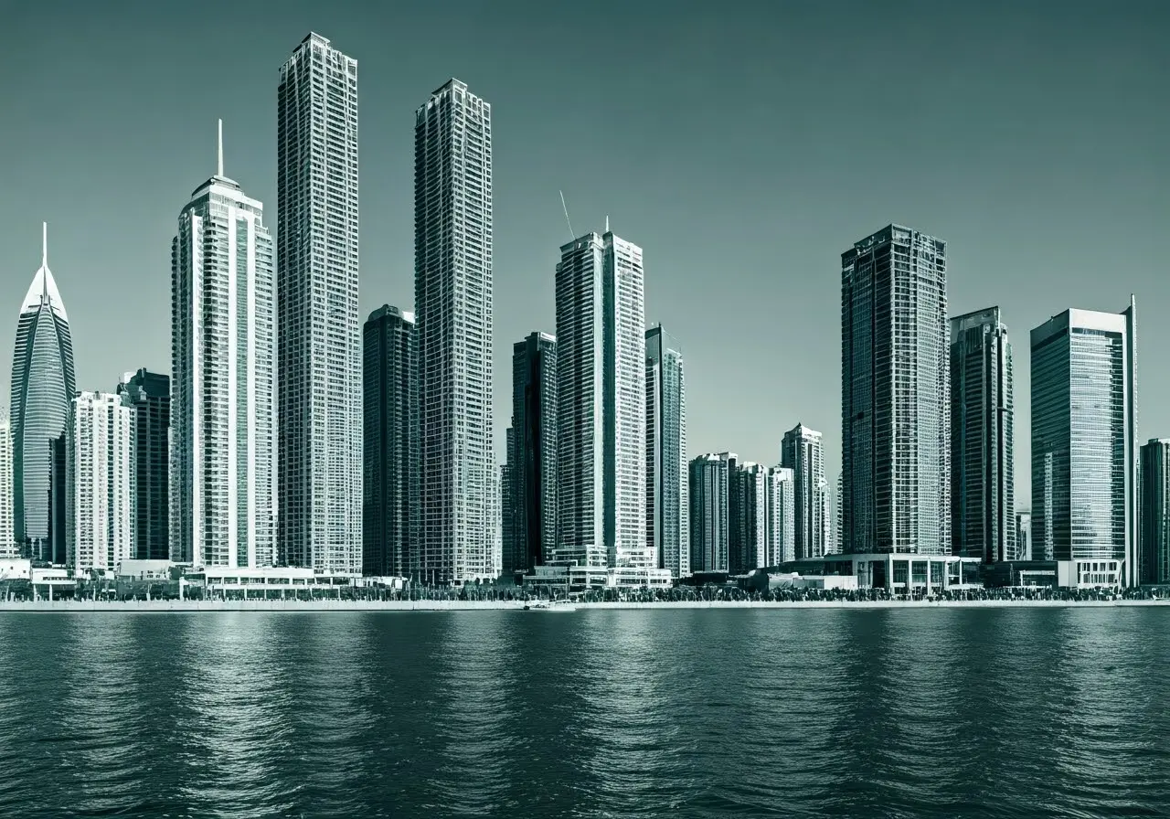 Skyline view with a prominent luxury skyscraper in foreground. 35mm stock photo