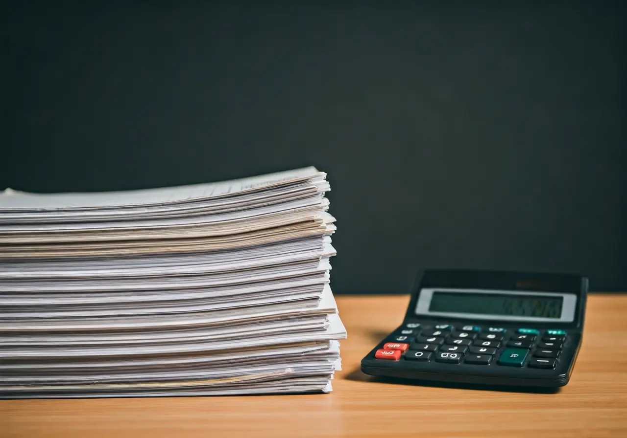 A stack of overdue invoices and calculator on a desk. 35mm stock photo