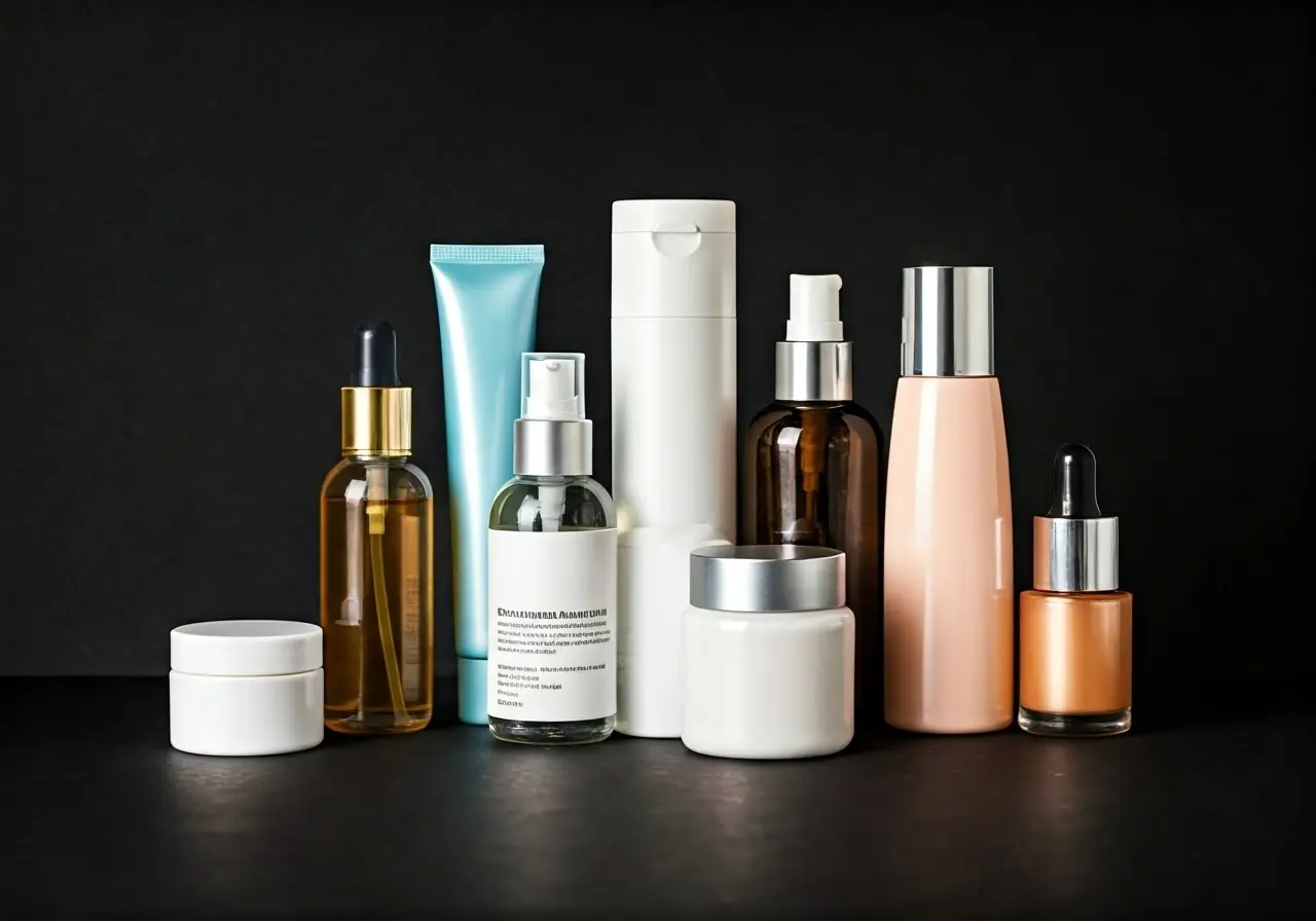 A neatly arranged collection of diverse skincare products. 35mm stock photo