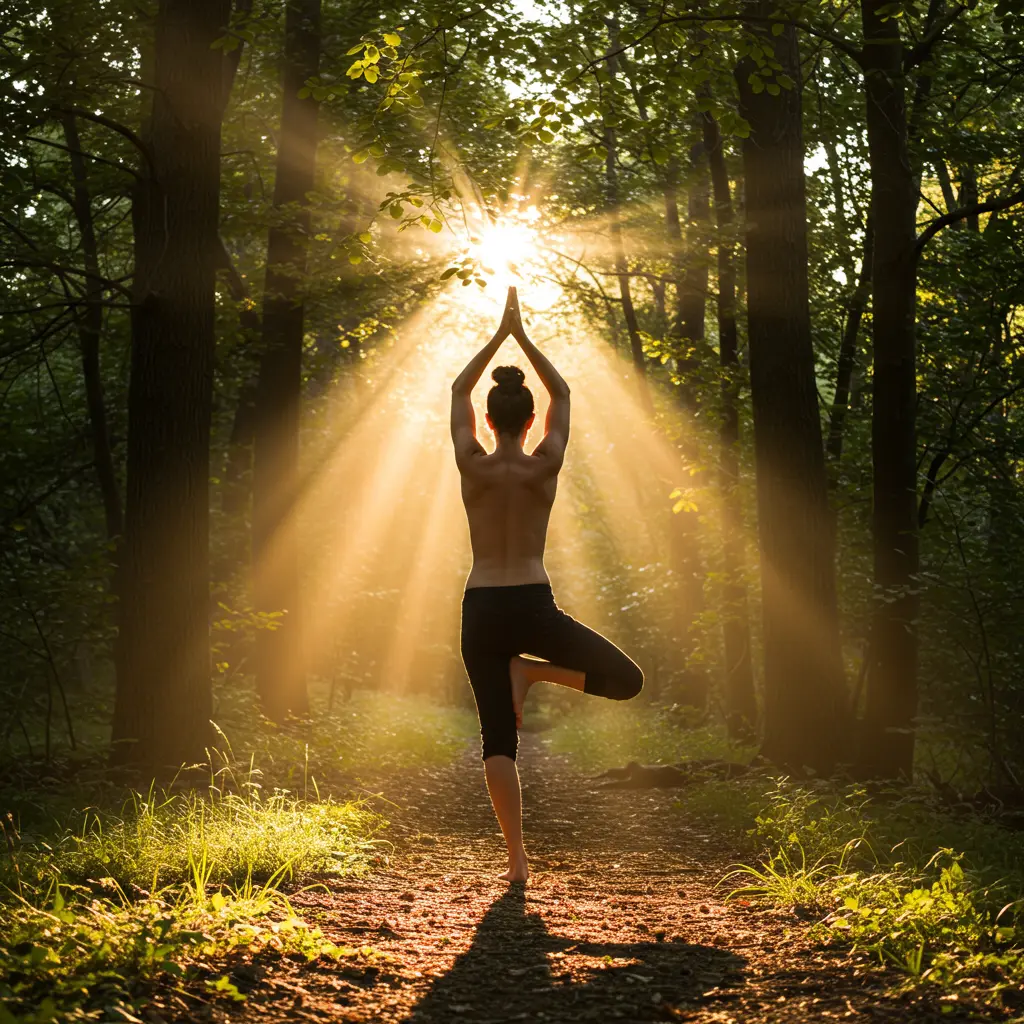 Person in tree pose in a sunlit forest.