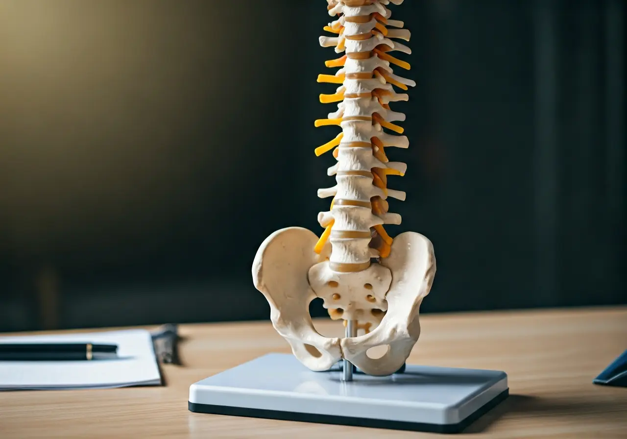A close-up of a spine model on a doctor&rsquo;s desk. 35mm stock photo