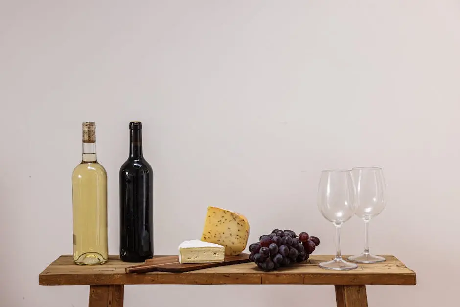 A rustic setting with wine, cheese, grapes, and wine glasses on a wooden table.