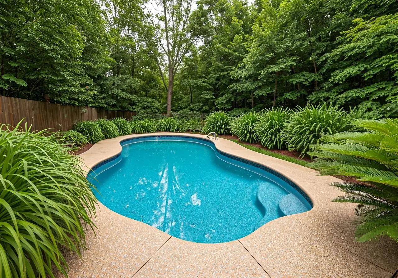 A backyard fiberglass pool surrounded by lush greenery. 35mm stock photo
