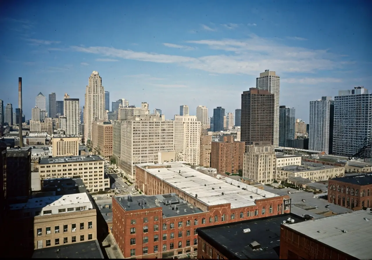 Aerial view of brewery buildings in Chicago and Milwaukee. 35mm stock photo