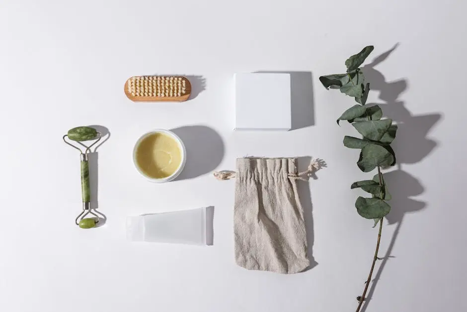 A minimalistic flat lay of eco-friendly beauty items like a jade roller, cream, and eucalyptus leaves.