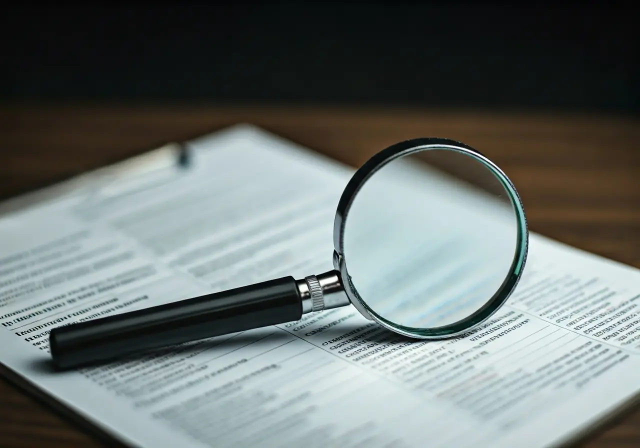 A magnifying glass focuses on a detailed insurance policy document. 35mm stock photo