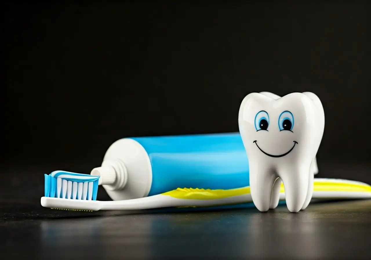 A colorful toothbrush and toothpaste beside a smiling cartoon tooth. 35mm stock photo