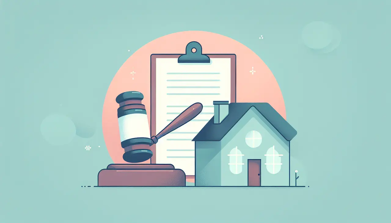 Draw a graphic in flat design style. An illustration of a gavel, a legal document, and a small house silhouette on a clean, pastel-colored background.