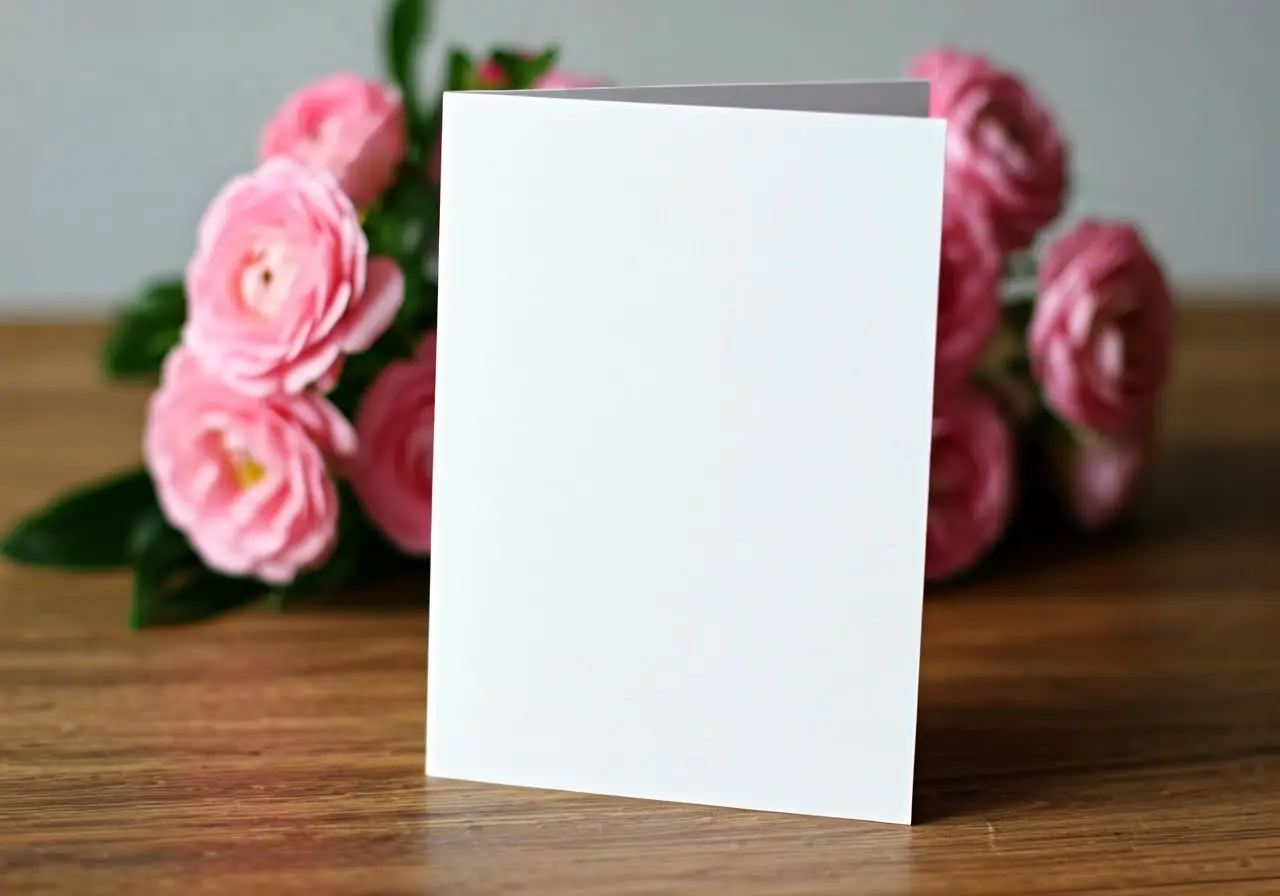 A white sympathy card with soft pink flowers in background. 35mm stock photo