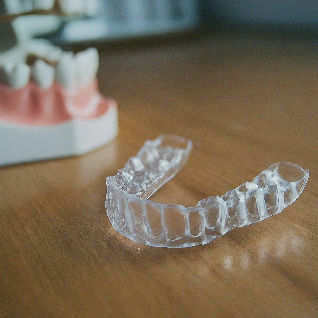 A close-up of a dental night guard on a table. 35mm stock photo