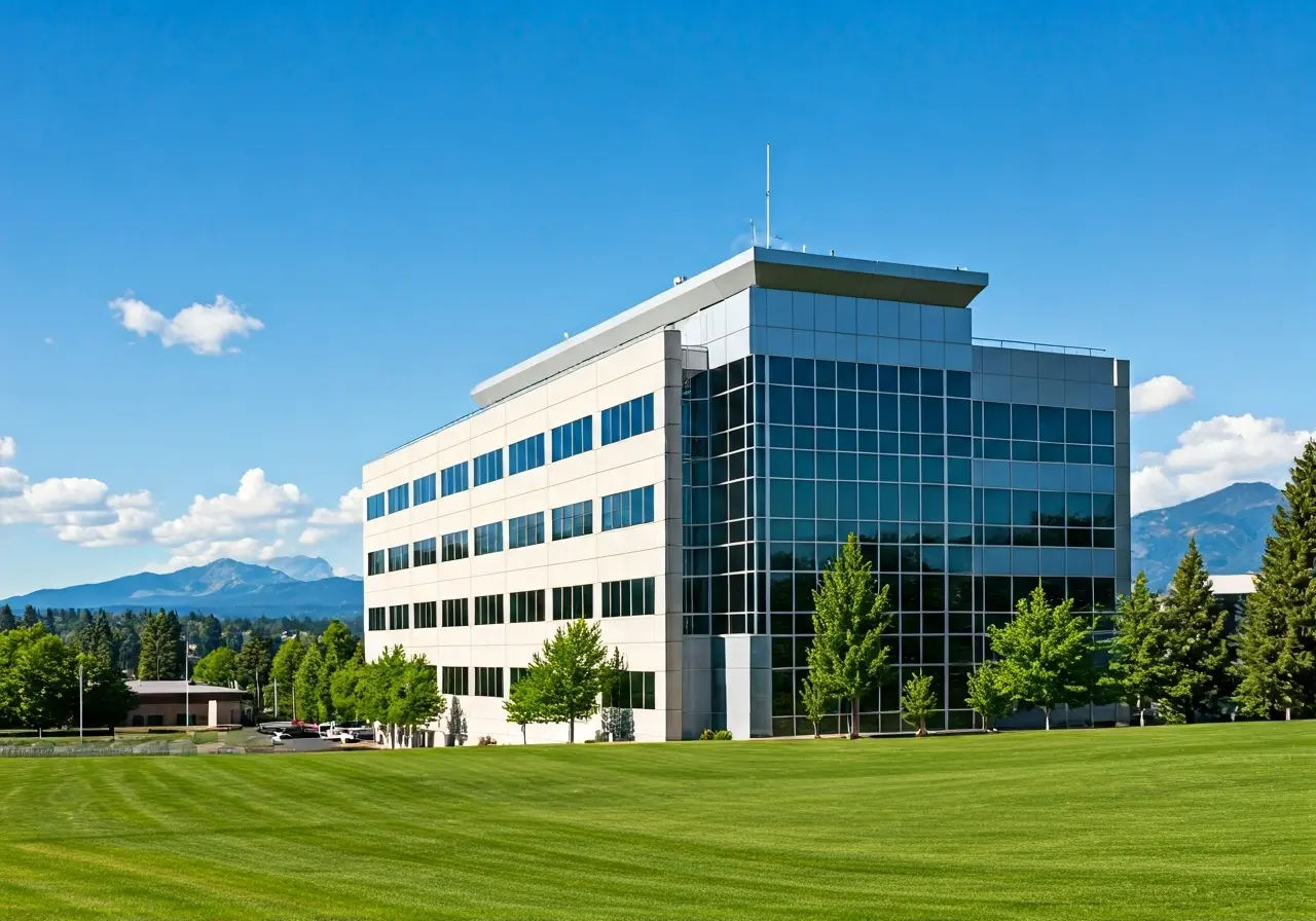 A modern office building with a scenic Spokane backdrop. 35mm stock photo
