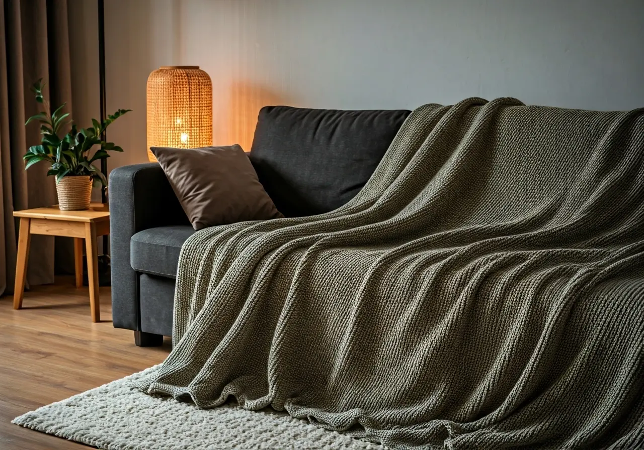 A cozy living room with a soft blanket draped. 35mm stock photo