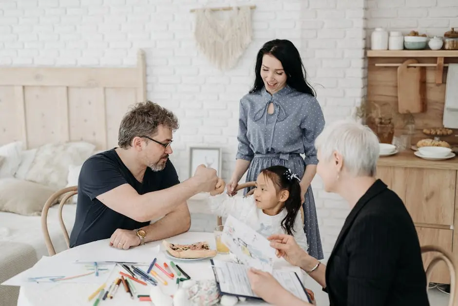 Child with foster parents and a social worker discussing adoption at home.