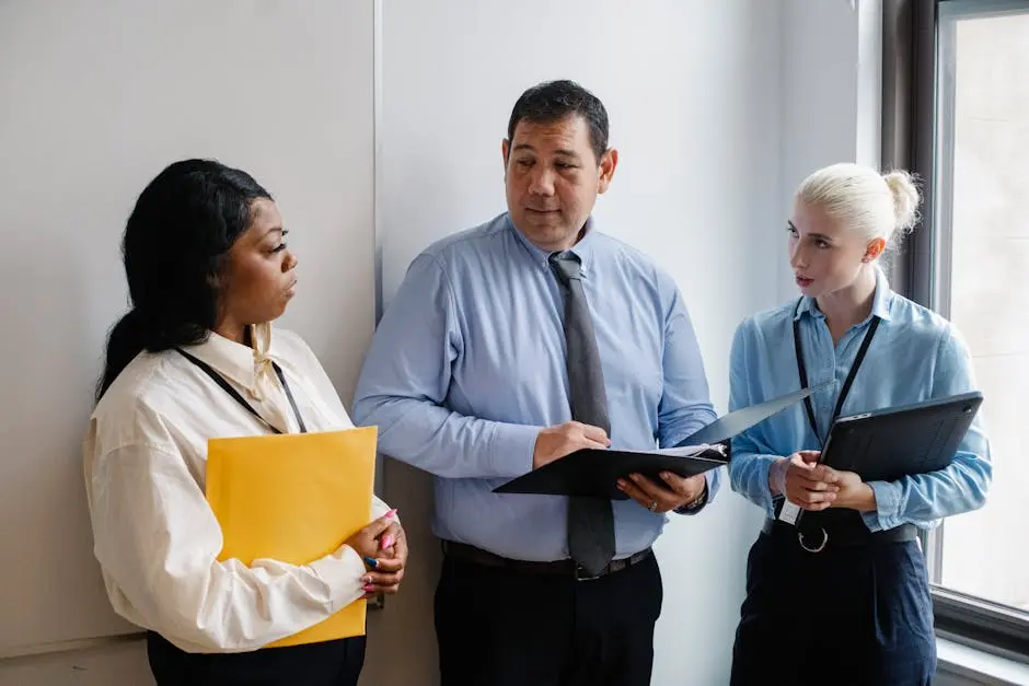 Group of diverse coworkers standing with documents near wall and discussing details of project in daytime