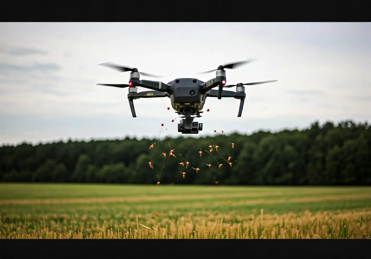 A drone hovering over a field, dispersing seeds. 35mm stock photo