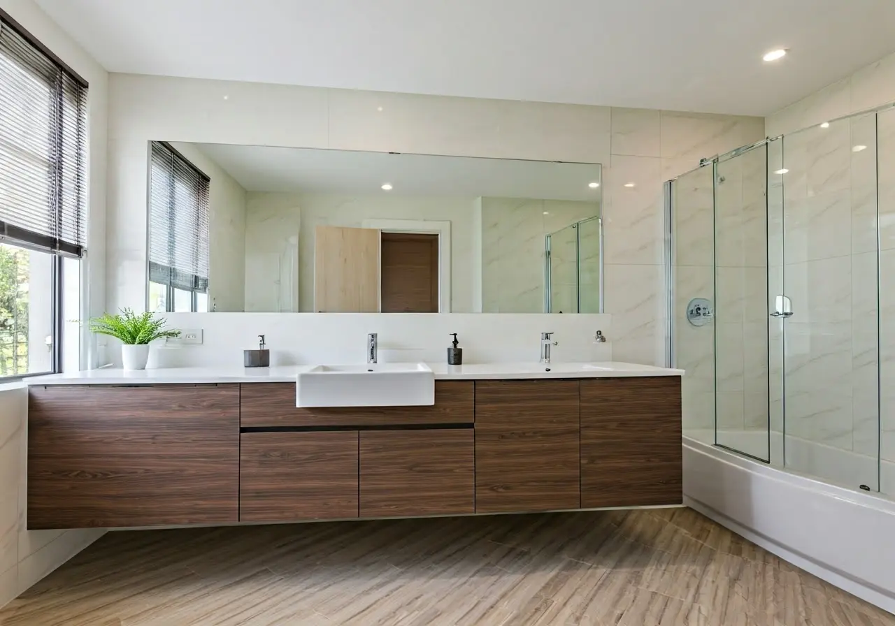 A modern, stylish bathroom with affordable renovation features. 35mm stock photo