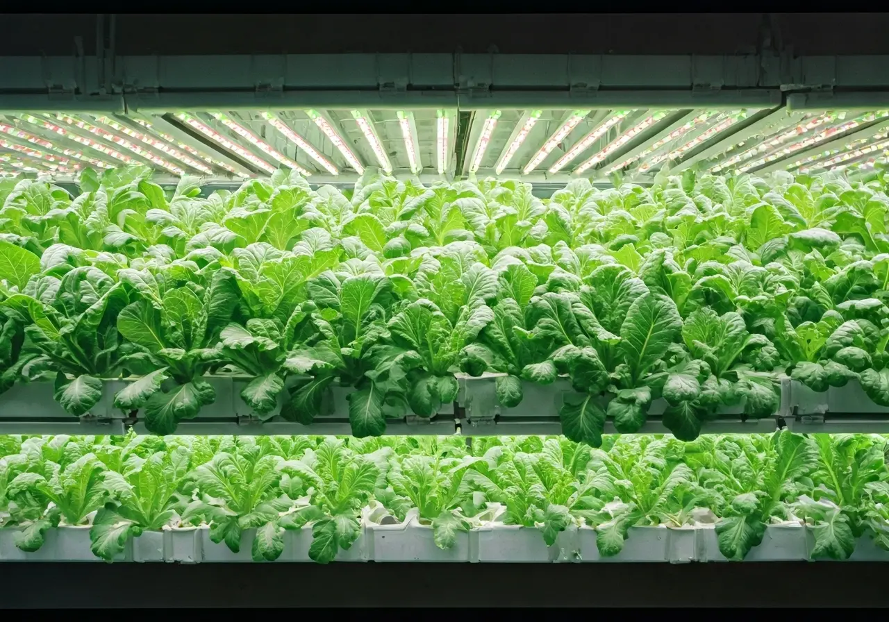 A lush vertical farm with LED lights and green crops. 35mm stock photo