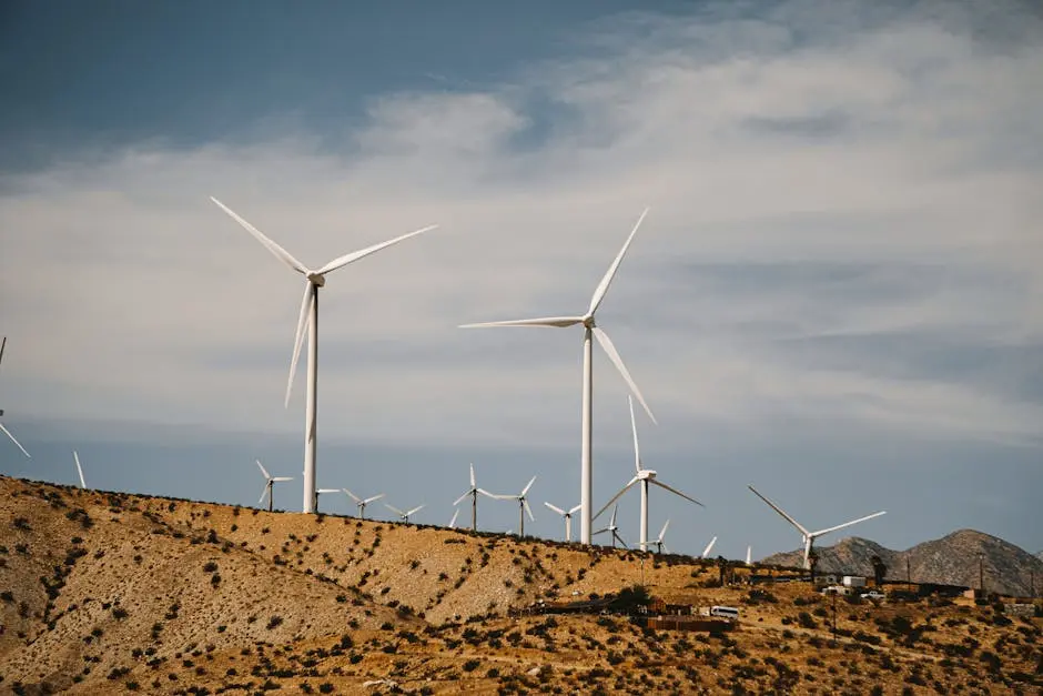 Wind turbines on a sunny desert hillside with clear skies, showcasing renewable energy use.