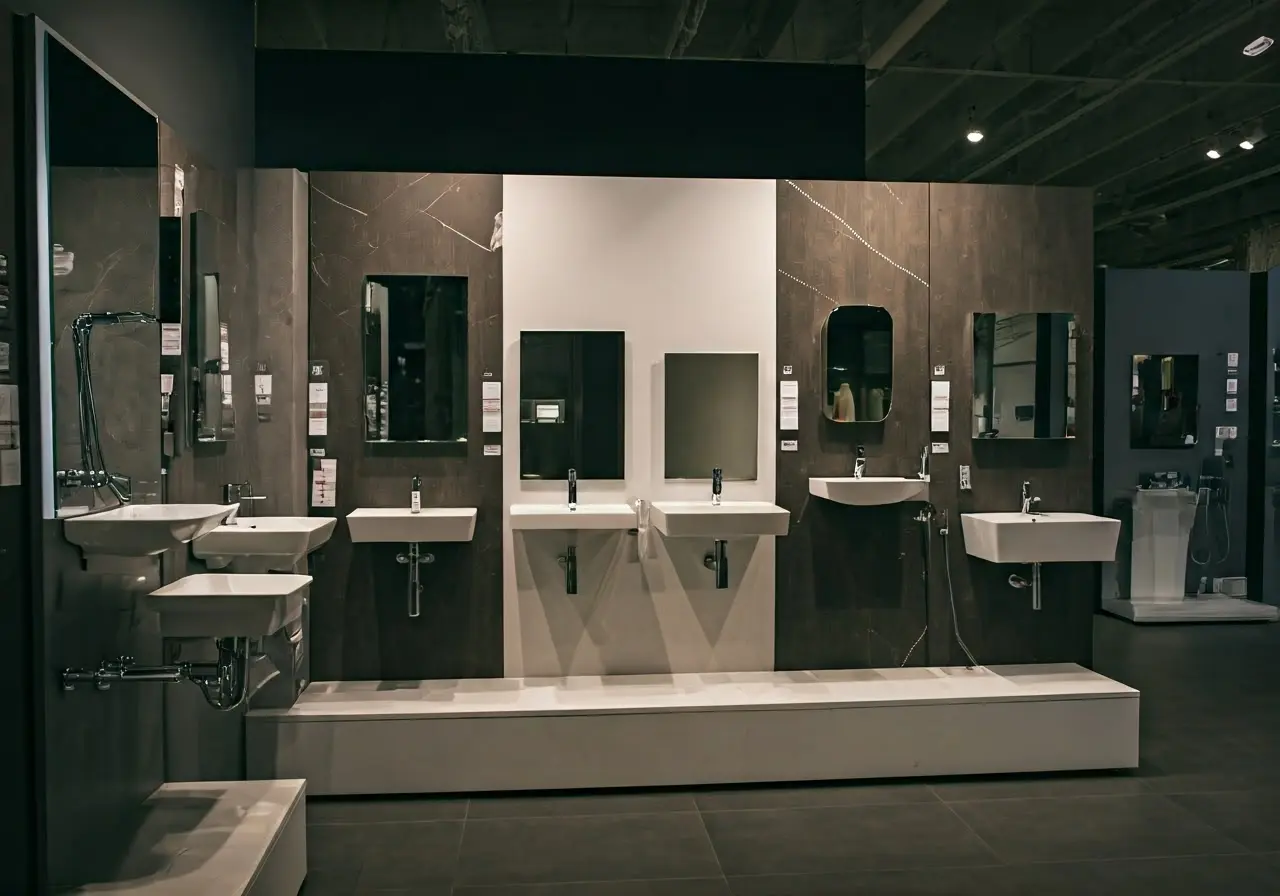 A modern bathroom showroom displaying various fixture styles. 35mm stock photo