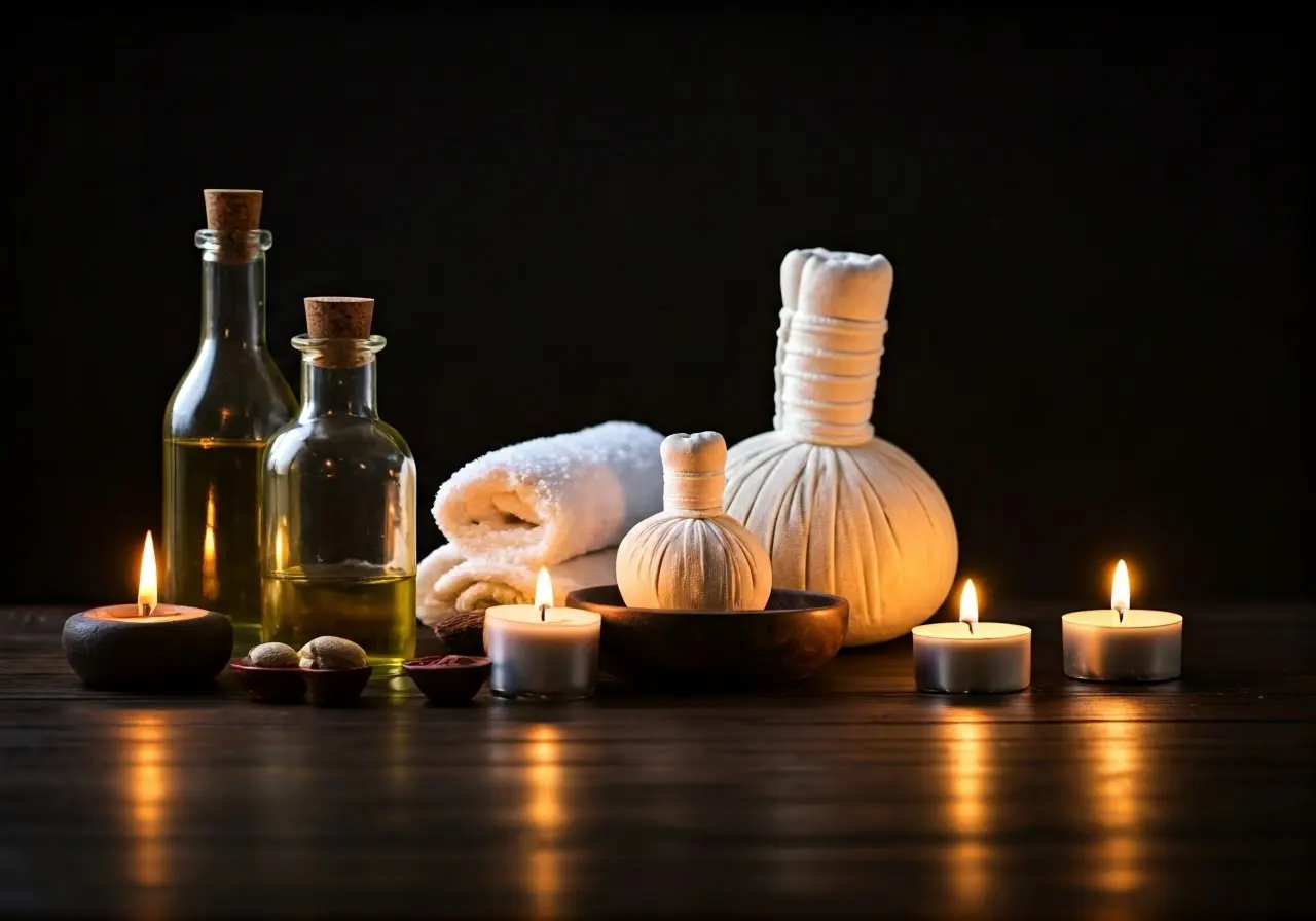 A serene spa scene with soothing candles and massage oils. 35mm stock photo