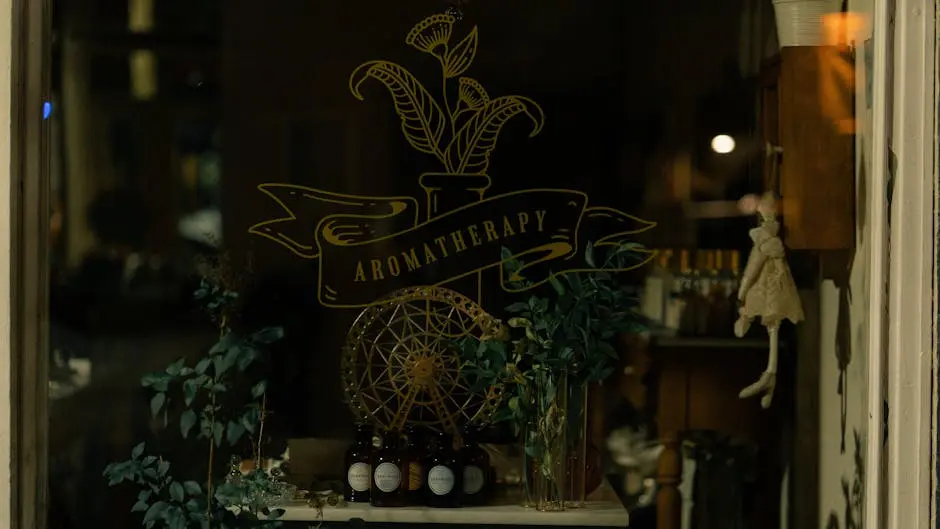 Elegant aromatherapy products are displayed in a cozy Istanbul shop window, accentuated by soft lighting.