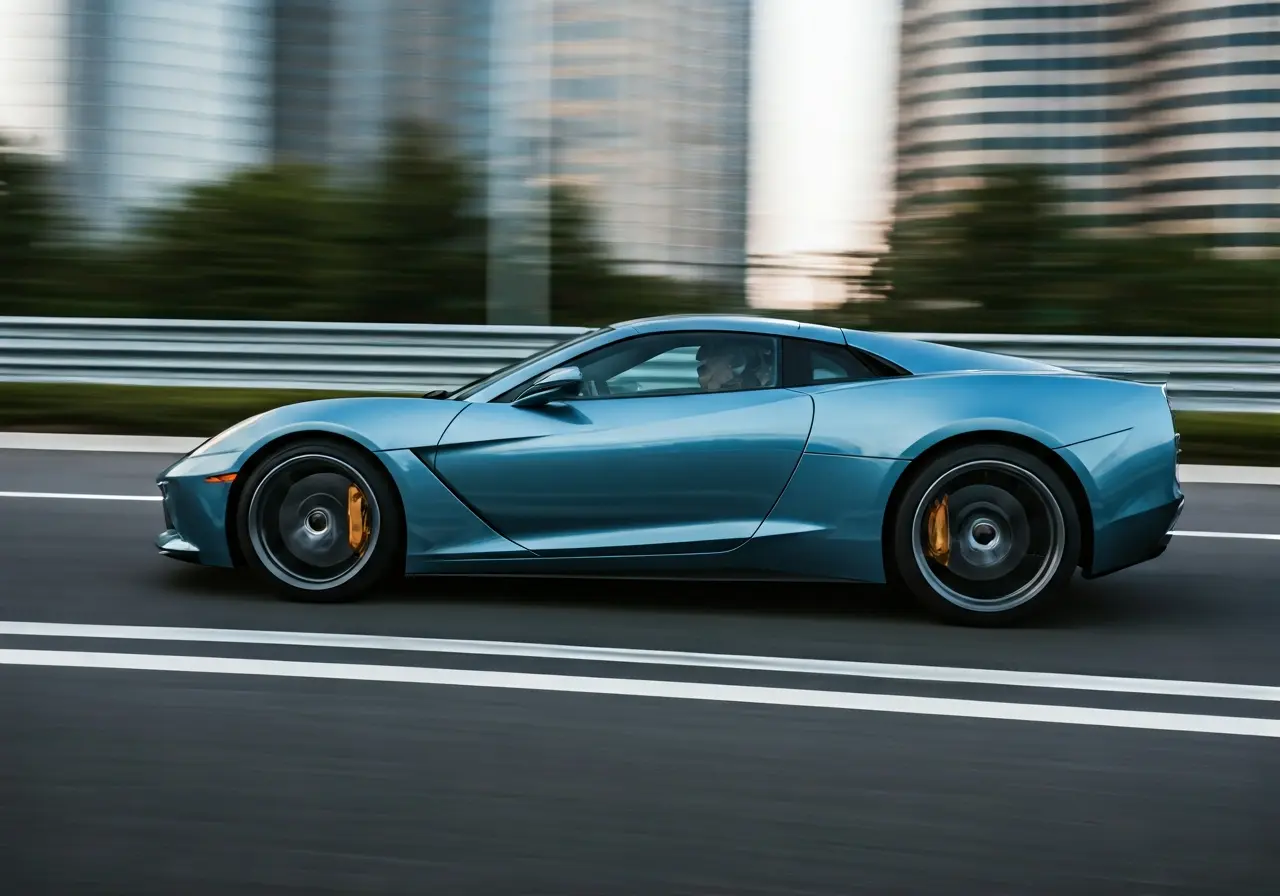 Close-up of a sleek car with a blurred city background. 35mm stock photo