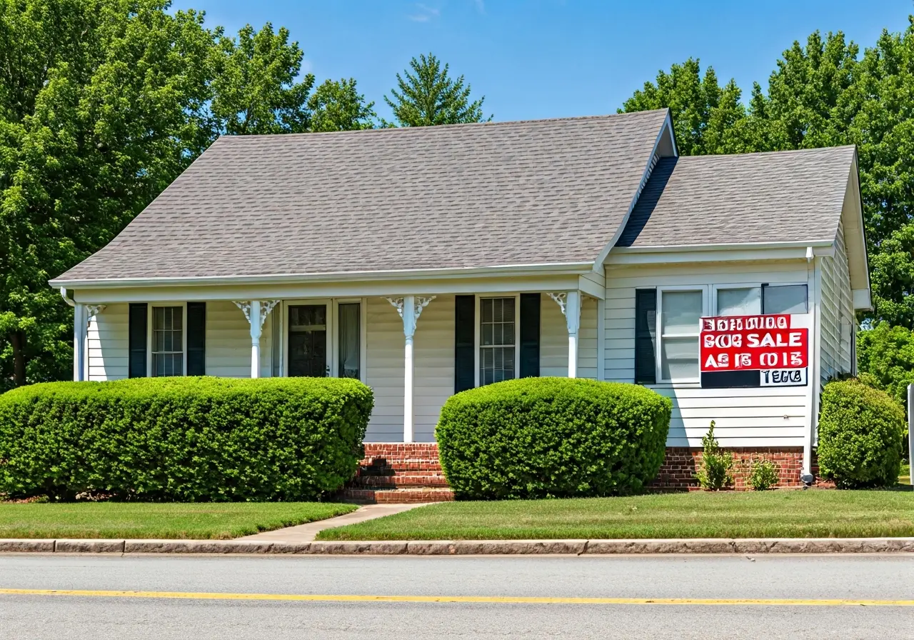 A cozy Virginia home with a For Sale As Is sign. 35mm stock photo