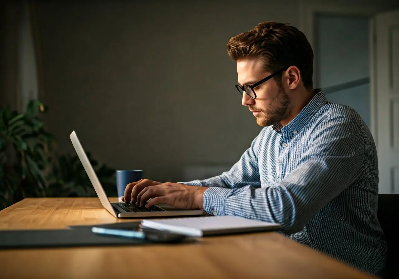 A focused developer working on a minimalist desk with laptop. 35mm stock photo
