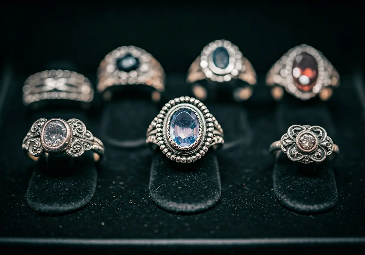 A close-up of various silver rings on a velvet display. 35mm stock photo