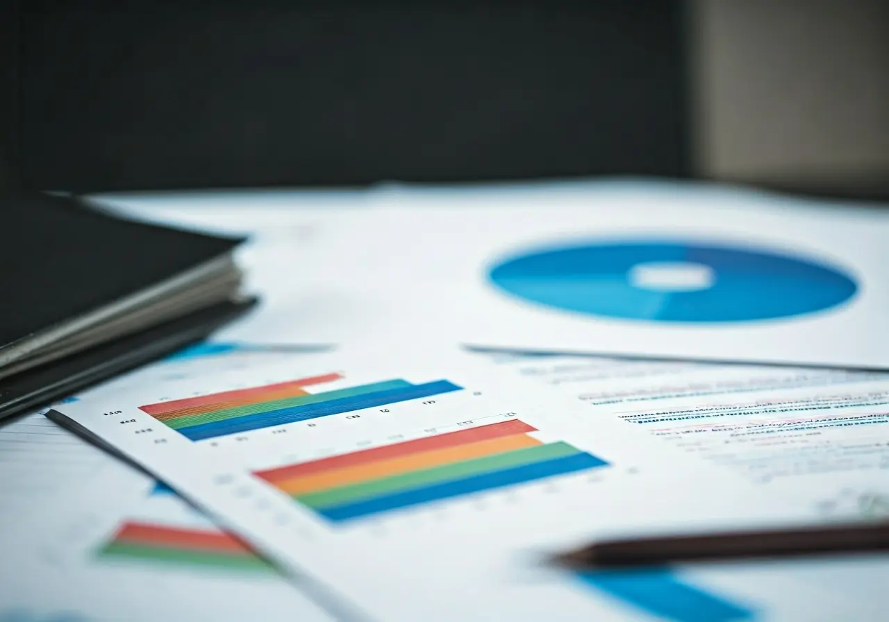 A meticulously organized financial report with colorful graphs and charts. 35mm stock photo