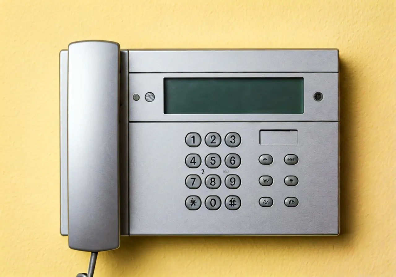 A close-up of an intercom system mounted on a wall. 35mm stock photo